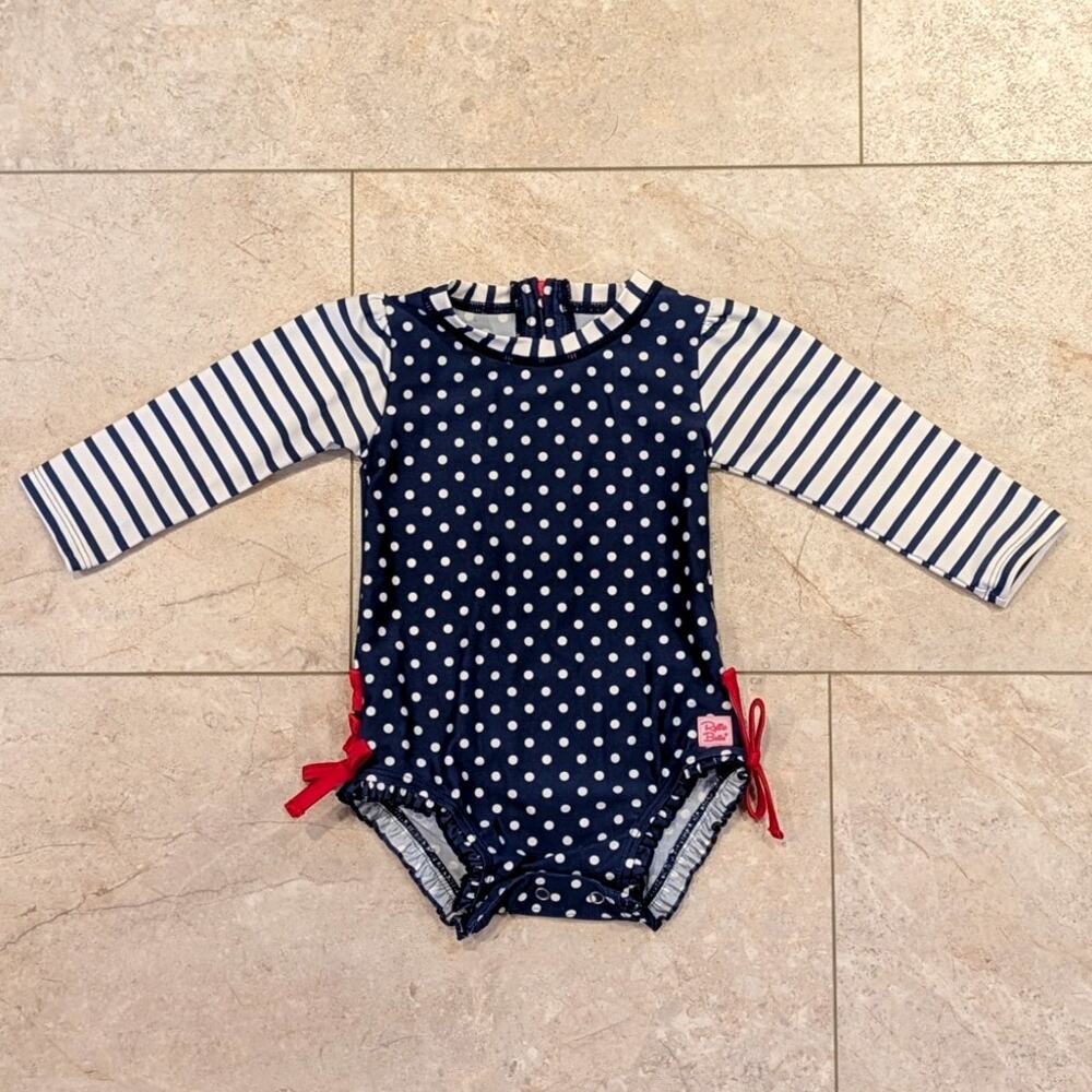 Ruffle Butts Girls' Rash Guard Swimsuit 12-18 months red white blue long sleeve